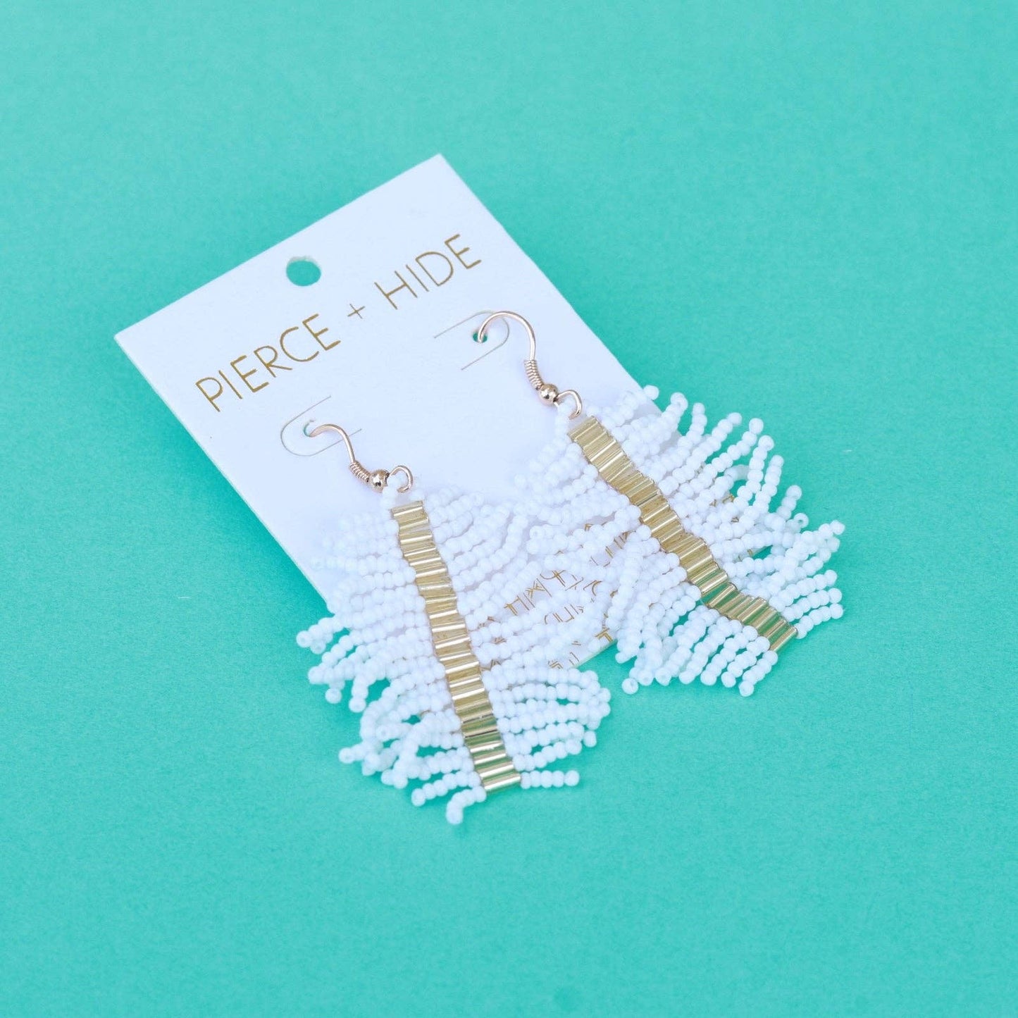 Gold + White Beaded Palm Fringe Earring