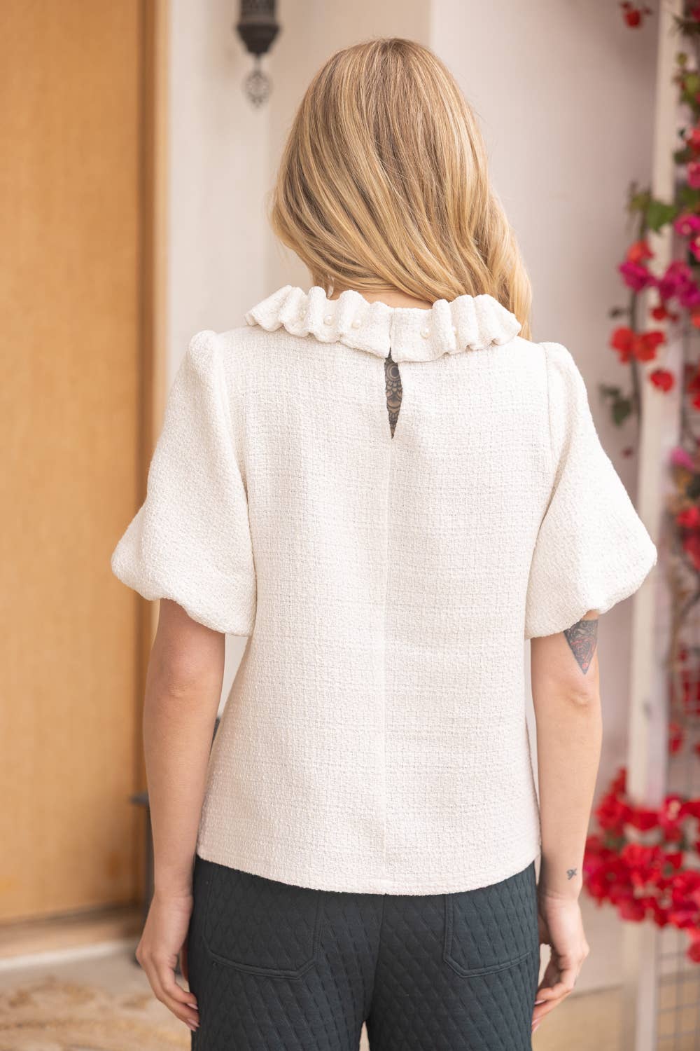 Pearled Ruffle Neckline Top