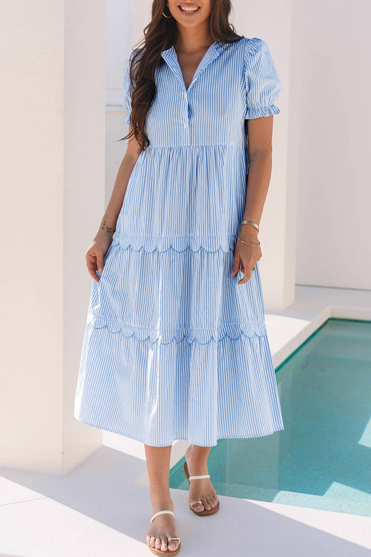 Stripe Puff Sleeve Summer Maxi Dress