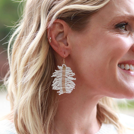Gold + White Beaded Palm Fringe Earring
