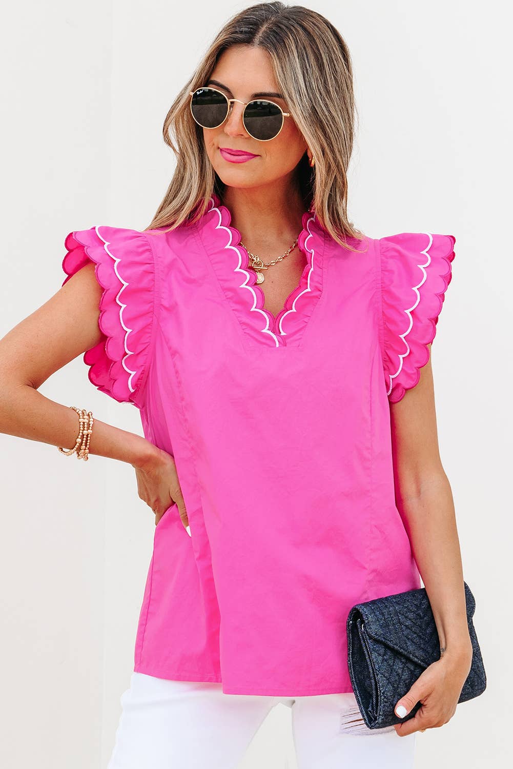 Contrast Scallop Trim Layered Short Sleeve Blouse
