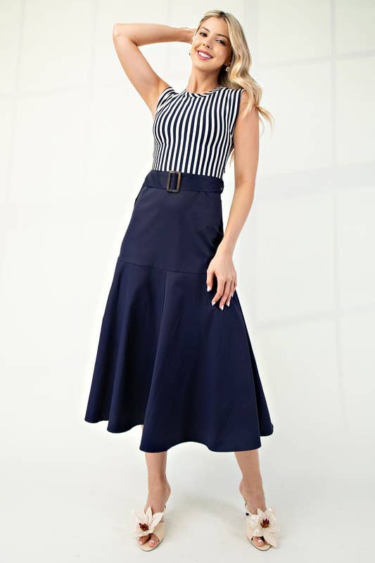 Boat Neck Navy Belted Dress