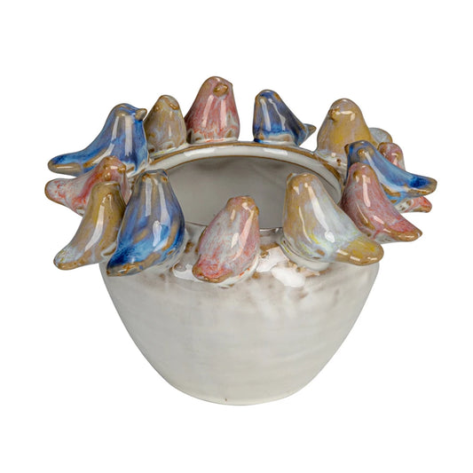Stoneware Planter w/ 3D Birds on Rim, Reactive Glaze