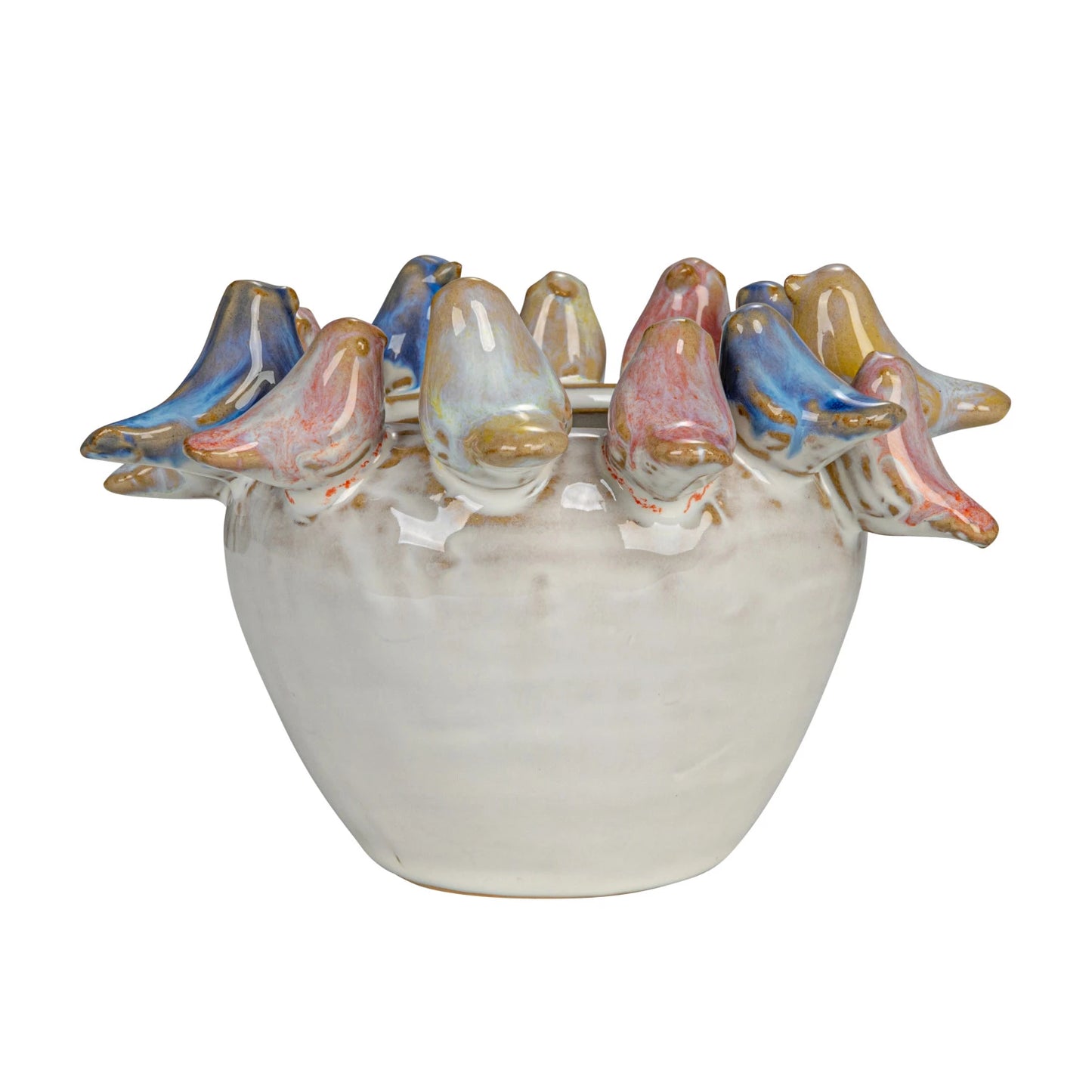 Stoneware Planter w/ 3D Birds on Rim, Reactive Glaze