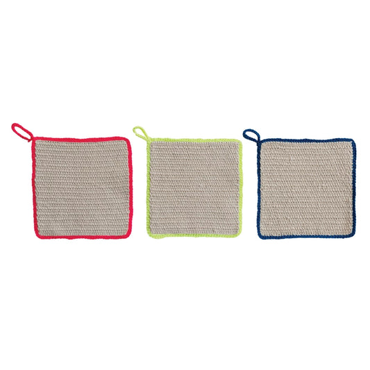 Cotton Crocheted Pot Holder with Neon Trim, 3 Colors