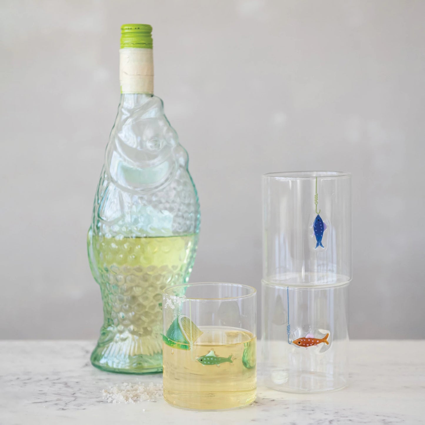12 oz. Hand-Blown Drinking Glass with Fish On Hook, 5 Styles