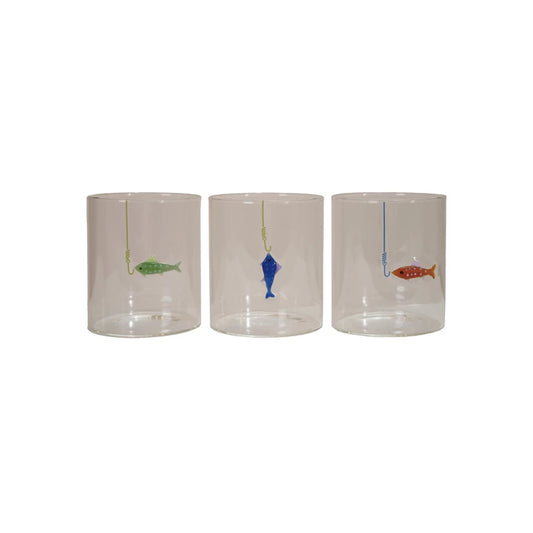 12 oz. Hand-Blown Drinking Glass with Fish On Hook, 5 Styles
