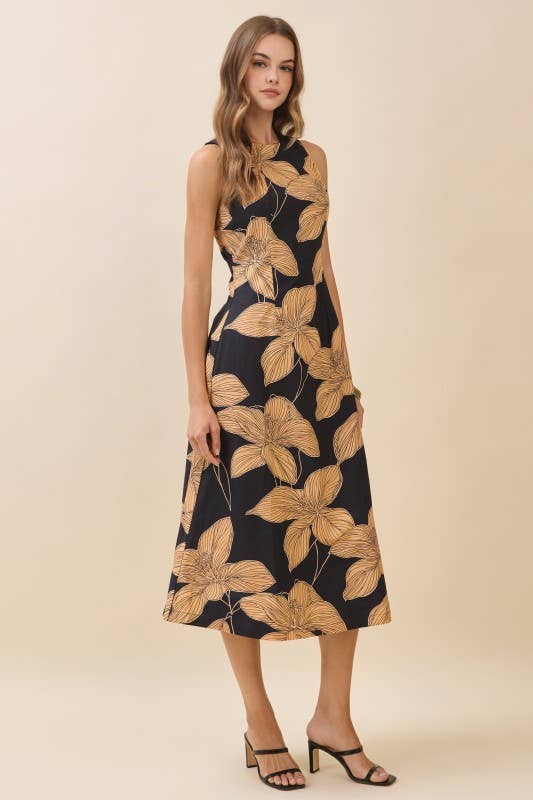 Bold Floral Crew Neck Midi Dress