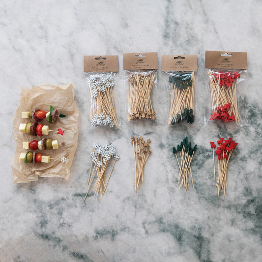 Bamboo Single Use Skewers with Snowflake Shaped Handles, Set of 50