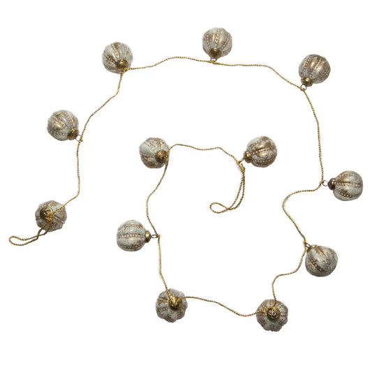 72"L X 2"H Glass Ball Ornament Garland w Gold Cord, White -